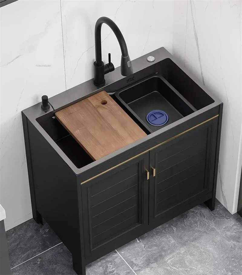 Pia de cozinha grande de aço inoxidável, armário integrado, pia de lavagem de