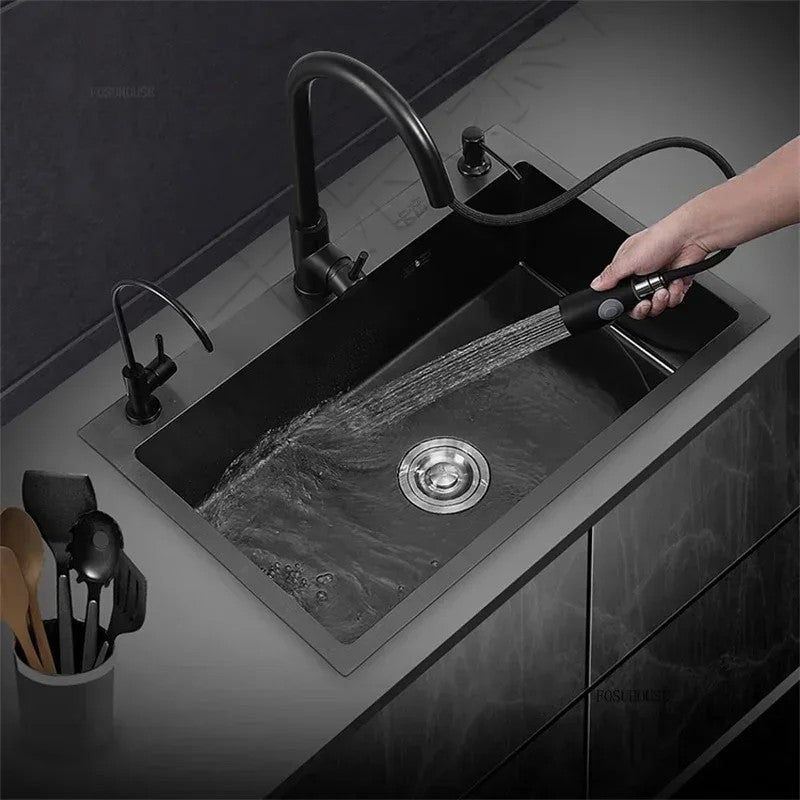 Pia de cozinha de aço inoxidável 304 espessada, grande capacidade, tigela úni