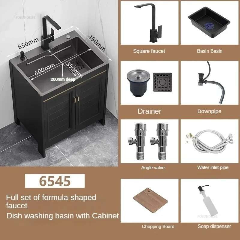 Pia de cozinha grande de aço inoxidável, armário integrado, pia de lavagem de