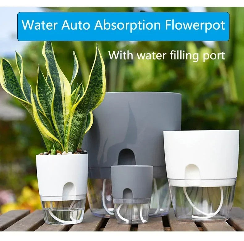 Vaso de flores de plástico transparente, camada dupla, rega automática, corda