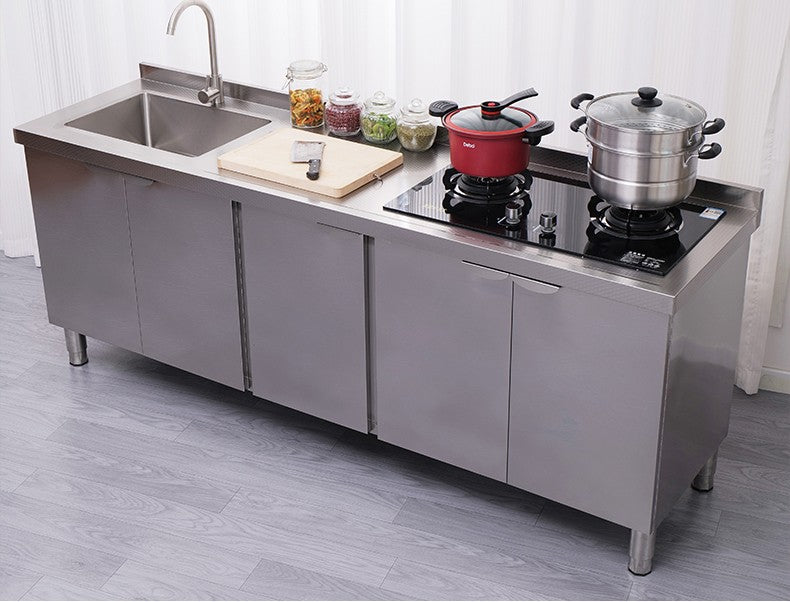 Armário de pia de aço inoxidável integrado de cozinha, armário, fogão, mesa