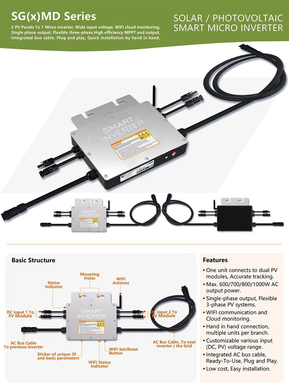 Tensão de entrada fotovoltaica 20 ~ 60v saída ac 110v/230v automática 600w/70