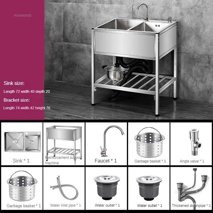 Pia de cozinha simples com bacia dupla, para sala de jantar, suporte reforçado,
