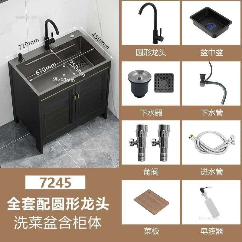 Pia de cozinha grande de aço inoxidável, armário integrado, pia de lavagem de