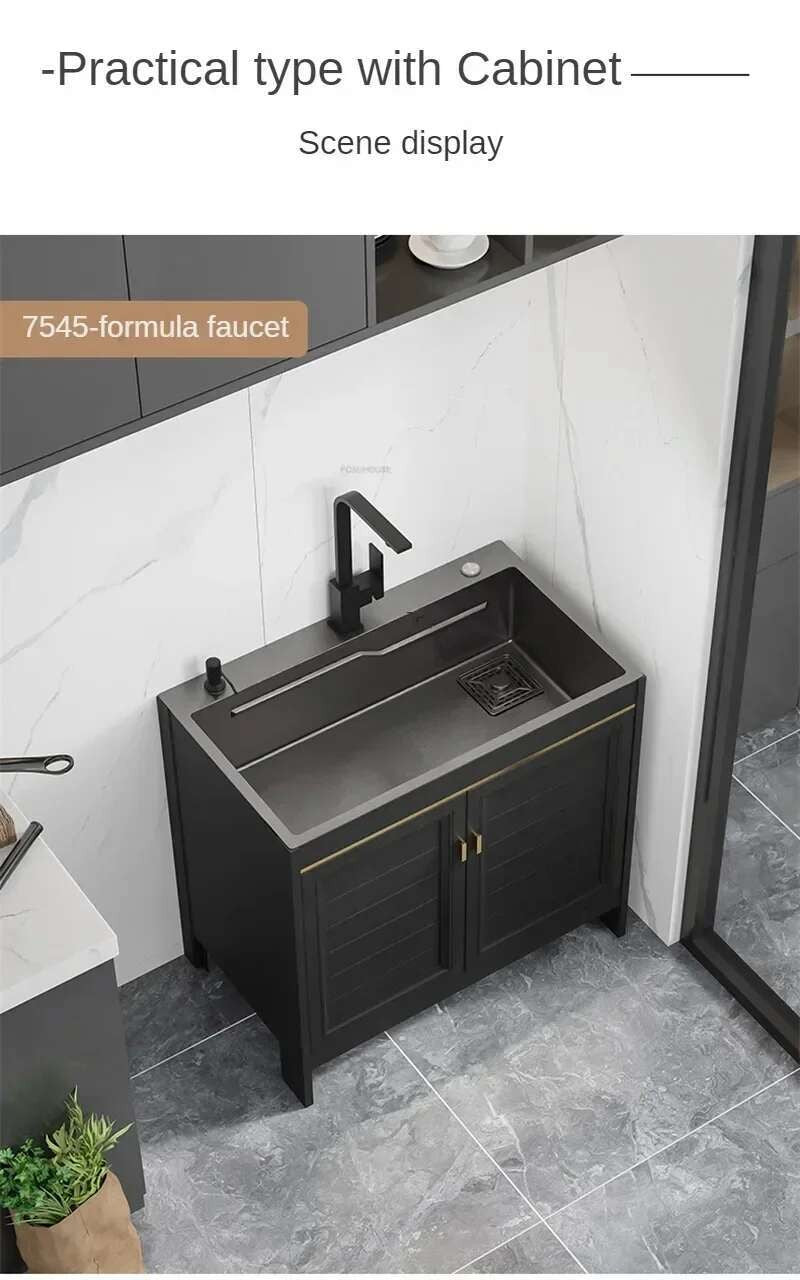 Pia de cozinha grande de aço inoxidável, armário integrado, pia de lavagem de