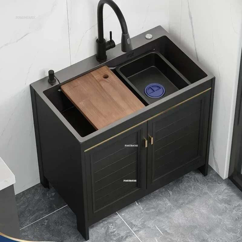 Pia de cozinha grande de aço inoxidável, armário integrado, pia de lavagem de