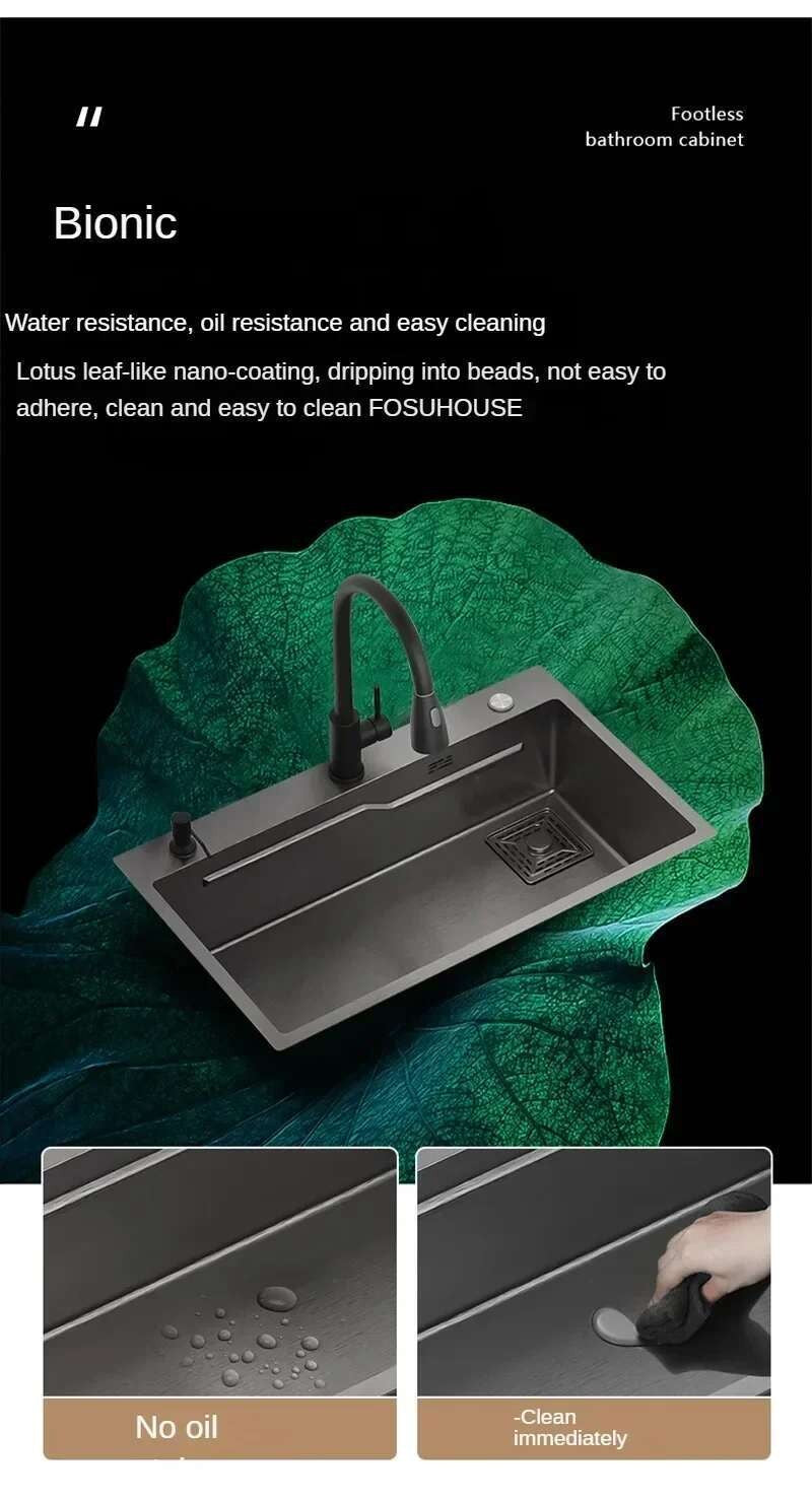 Pia de cozinha grande de aço inoxidável, armário integrado, pia de lavagem de