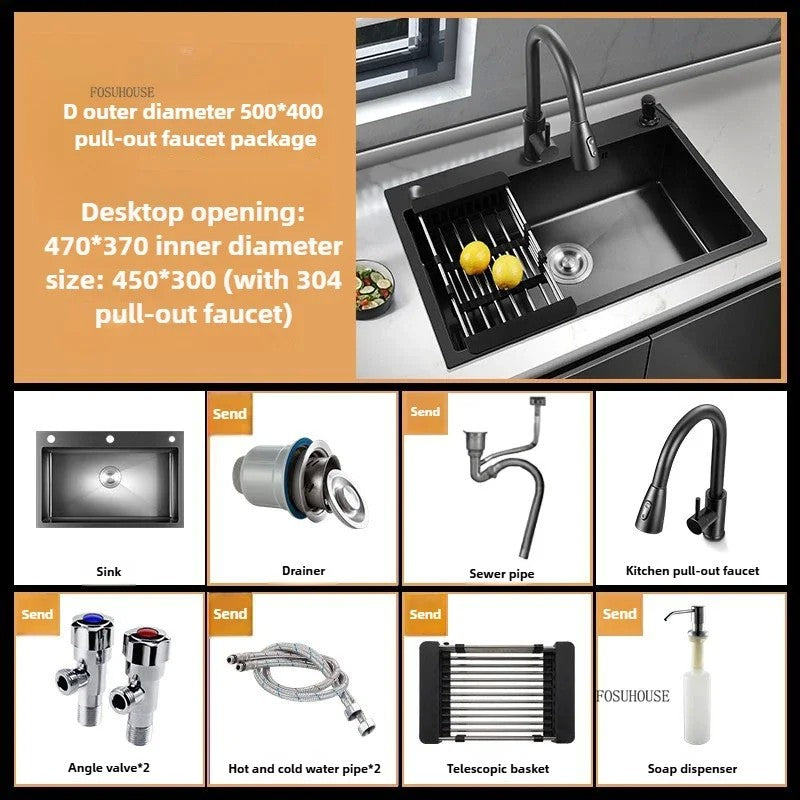 Pia de cozinha de aço inoxidável 304 espessada, grande capacidade, tigela úni