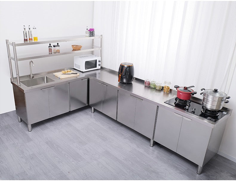 Armário de pia de aço inoxidável integrado de cozinha, armário, fogão, mesa