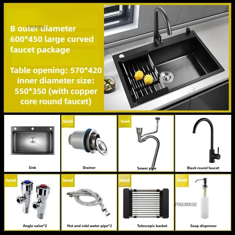 Pia de cozinha de aço inoxidável 304 espessada, grande capacidade, tigela úni