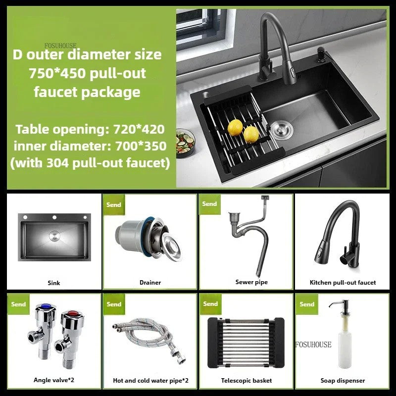 Pia de cozinha de aço inoxidável 304 espessada, grande capacidade, tigela úni