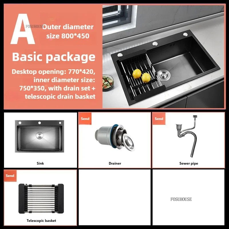 Pia de cozinha de aço inoxidável 304 espessada, grande capacidade, tigela úni