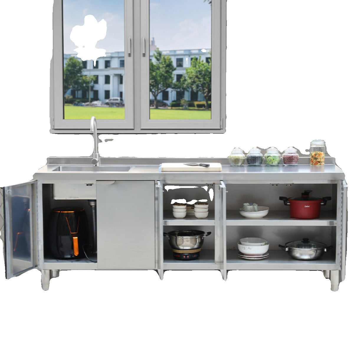Armário de pia de aço inoxidável integrado de cozinha, armário, fogão, mesa