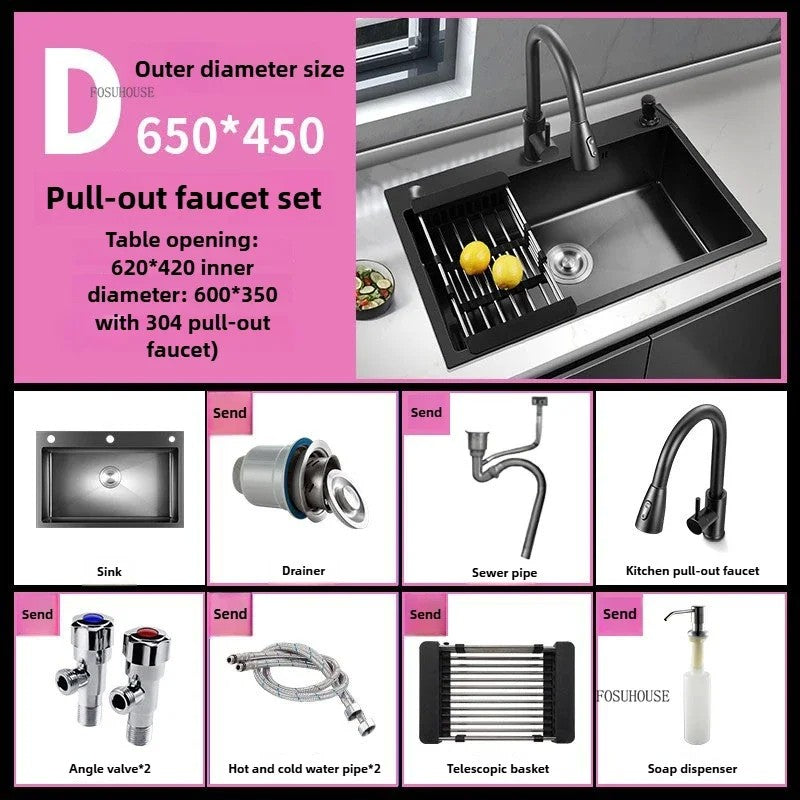 Pia de cozinha de aço inoxidável 304 espessada, grande capacidade, tigela úni