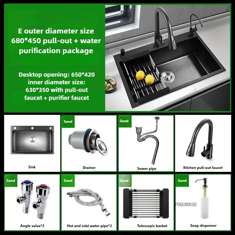 Pia de cozinha de aço inoxidável 304 espessada, grande capacidade, tigela úni