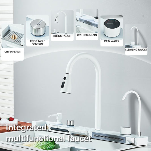 Multi funcional cachoeira digital chuva torneira branca dupla pia de aço inoxid