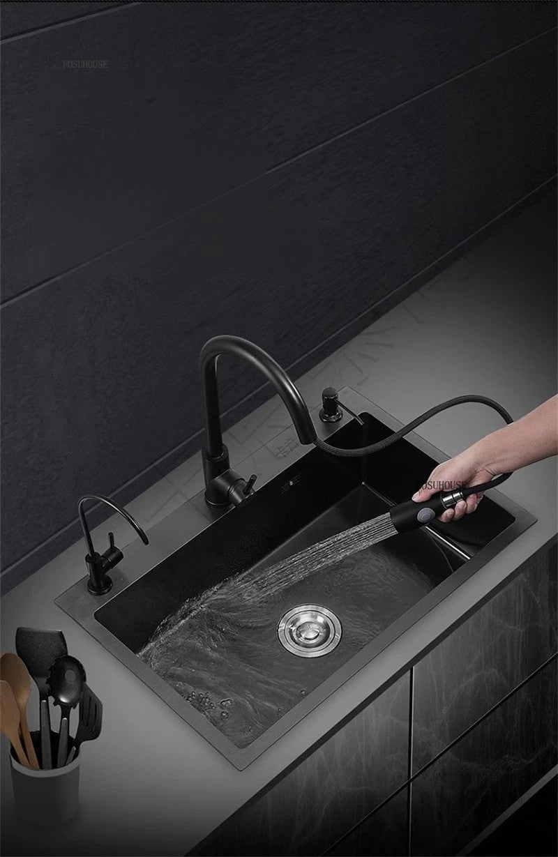 Pia de cozinha de aço inoxidável 304 espessada, grande capacidade, tigela úni