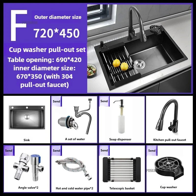 Pia de cozinha de aço inoxidável 304 espessada, grande capacidade, tigela úni