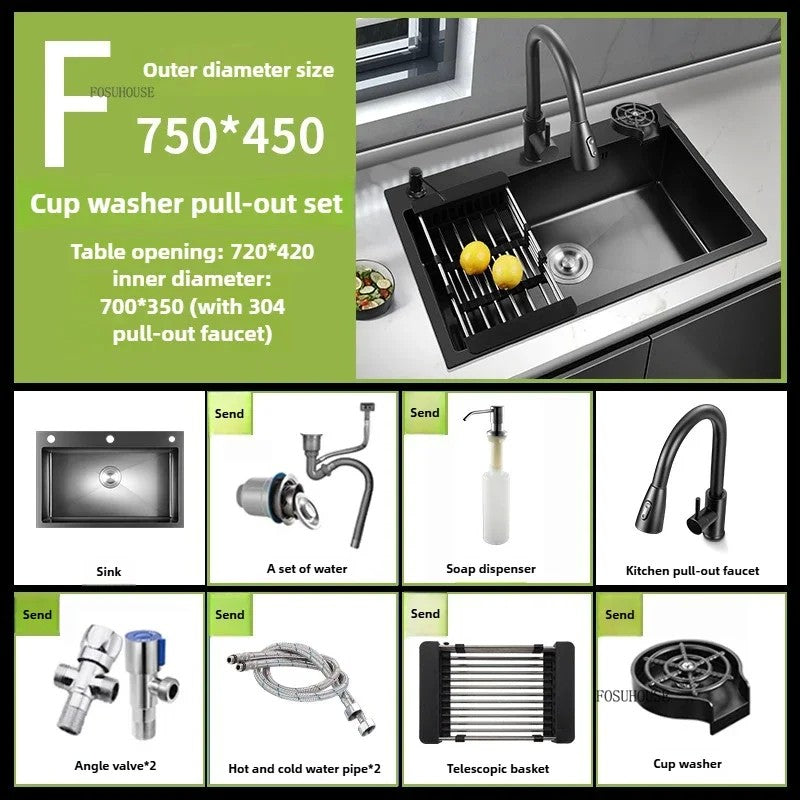 Pia de cozinha de aço inoxidável 304 espessada, grande capacidade, tigela úni