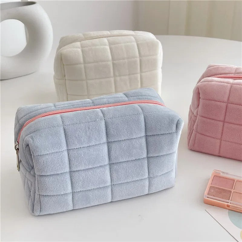 Bolsa de armazenamento de cosméticos de pele sólida, grande, feminina, zíper,
