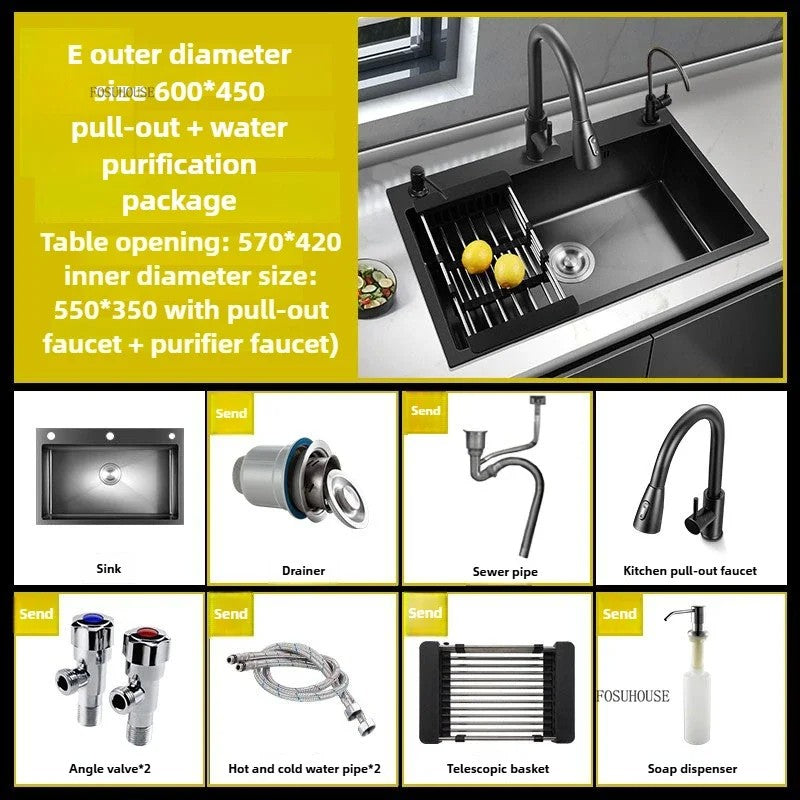 Pia de cozinha de aço inoxidável 304 espessada, grande capacidade, tigela úni