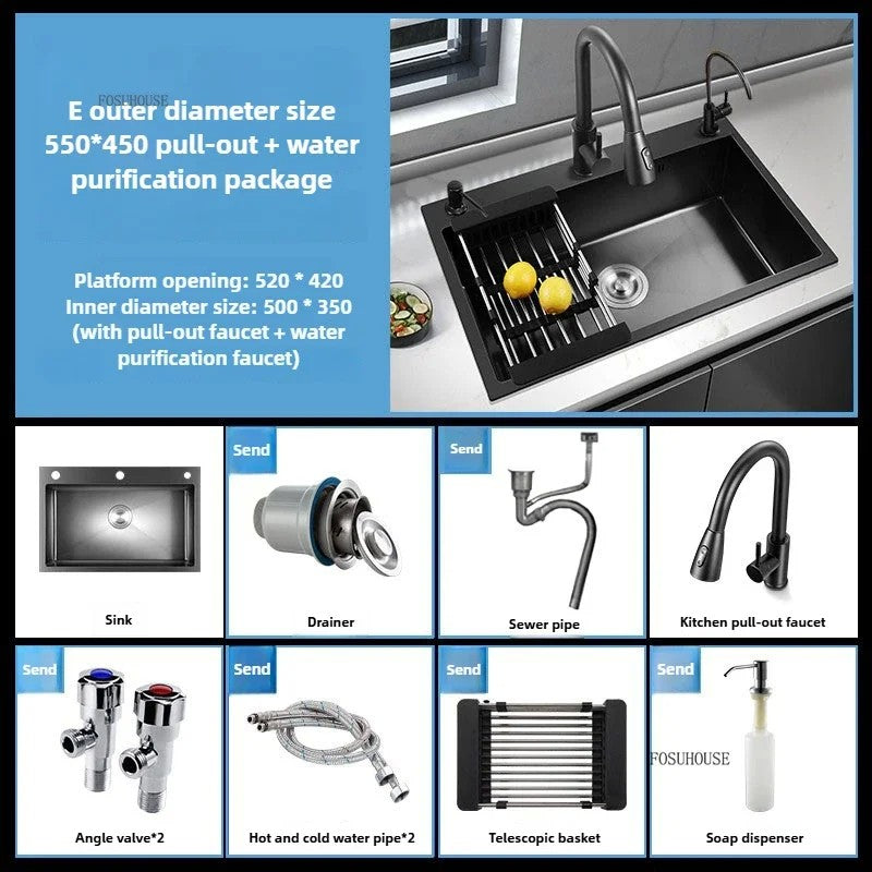 Pia de cozinha de aço inoxidável 304 espessada, grande capacidade, tigela úni