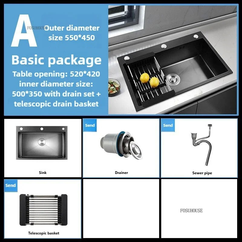 Pia de cozinha de aço inoxidável 304 espessada, grande capacidade, tigela úni