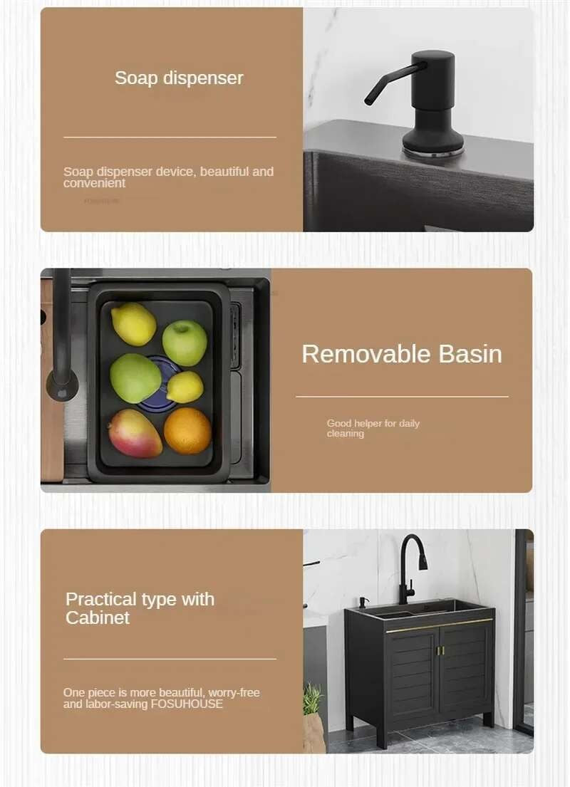 Pia de cozinha grande de aço inoxidável, armário integrado, pia de lavagem de