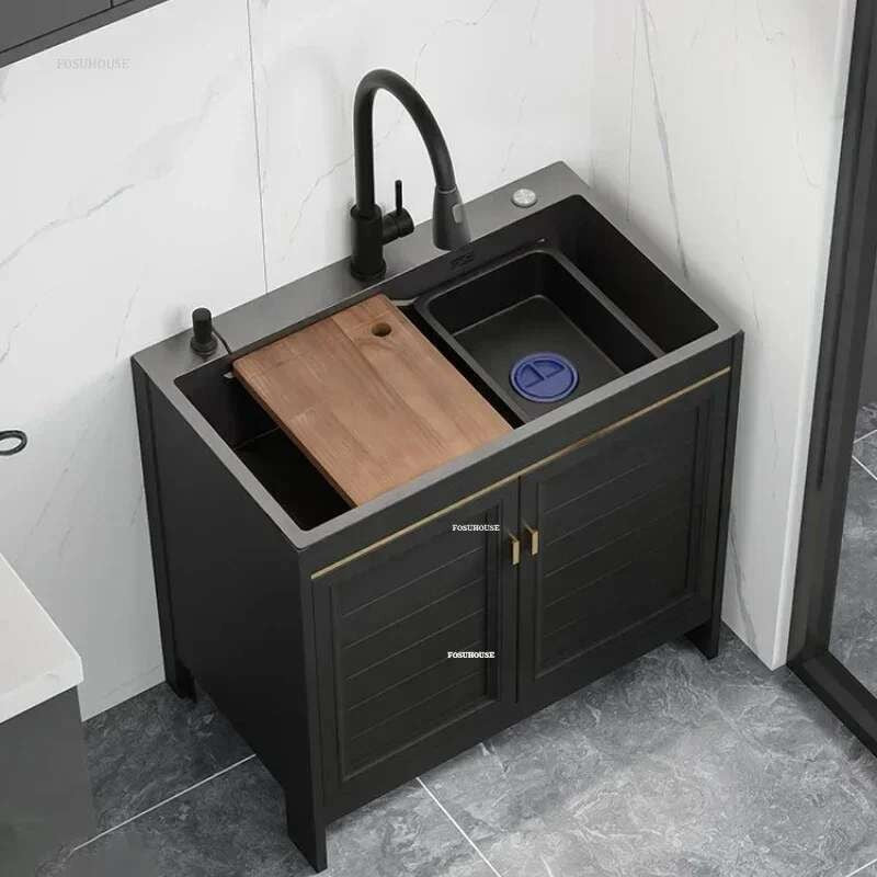 Pia de cozinha grande de aço inoxidável, armário integrado, pia de lavagem de