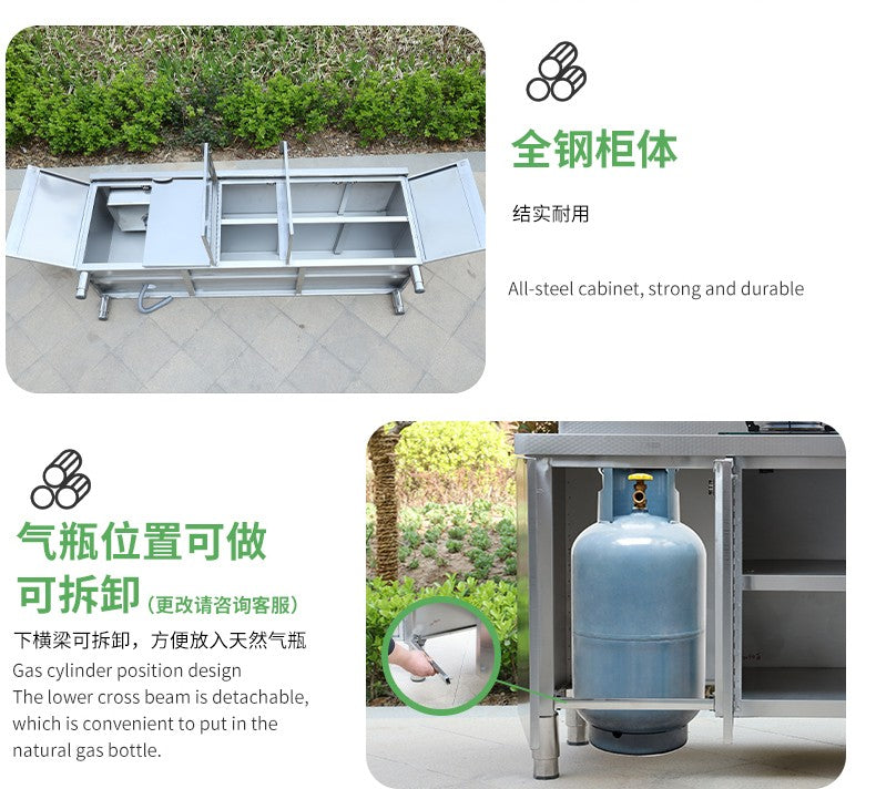 Armário de pia de aço inoxidável integrado de cozinha, armário, fogão, mesa