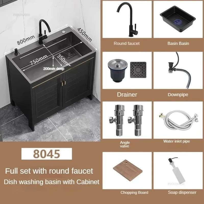 Pia de cozinha grande de aço inoxidável, armário integrado, pia de lavagem de