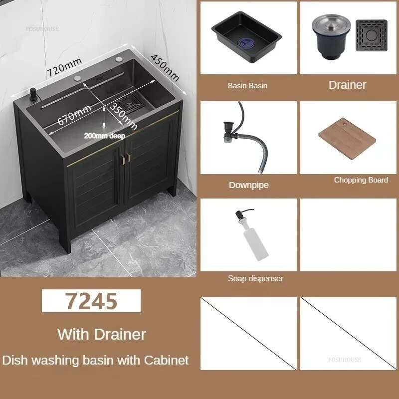 Pia de cozinha grande de aço inoxidável, armário integrado, pia de lavagem de