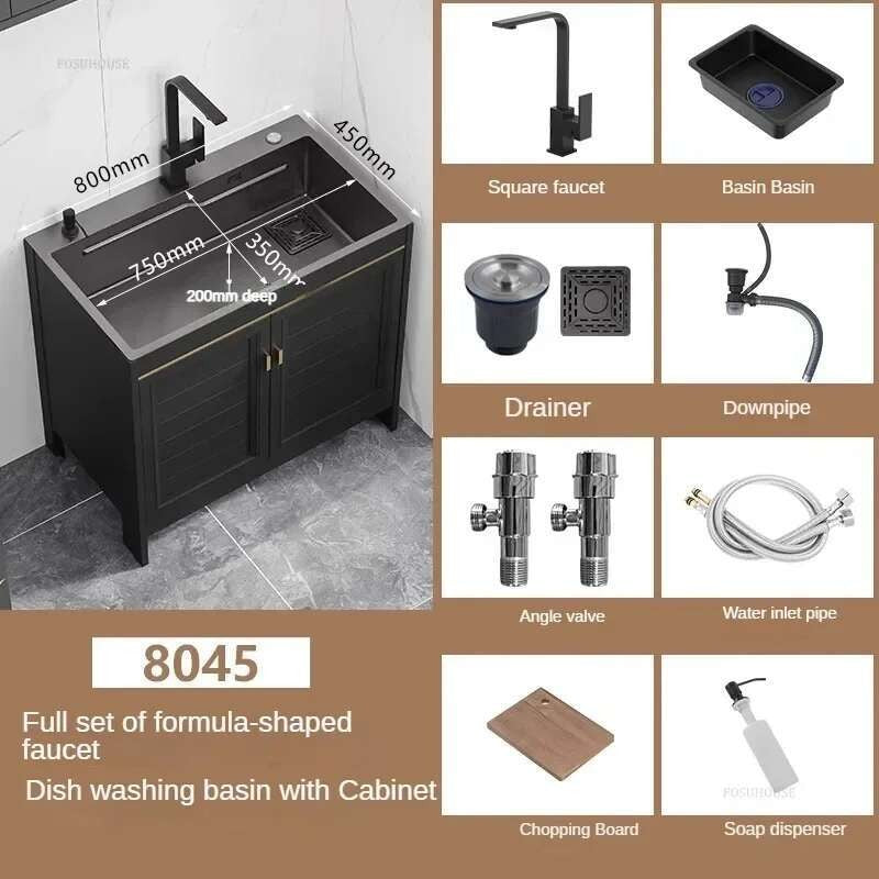 Pia de cozinha grande de aço inoxidável, armário integrado, pia de lavagem de