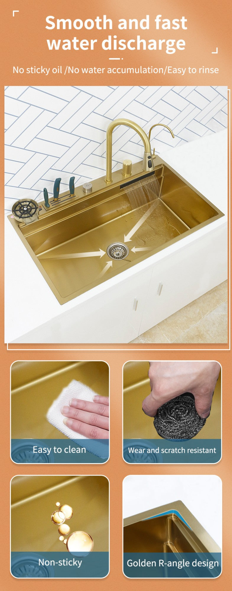 Torneira De Cachoeira De Aço 304, Pia De Cozinha Grande Slot Único, Torneira n