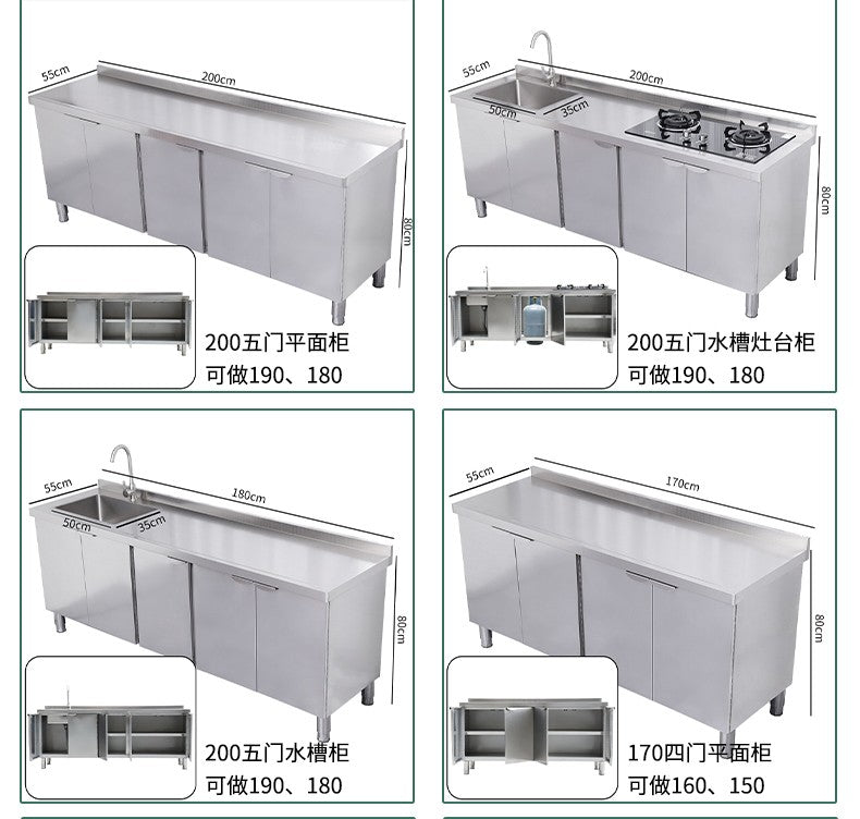Armário de pia de aço inoxidável integrado de cozinha, armário, fogão, mesa