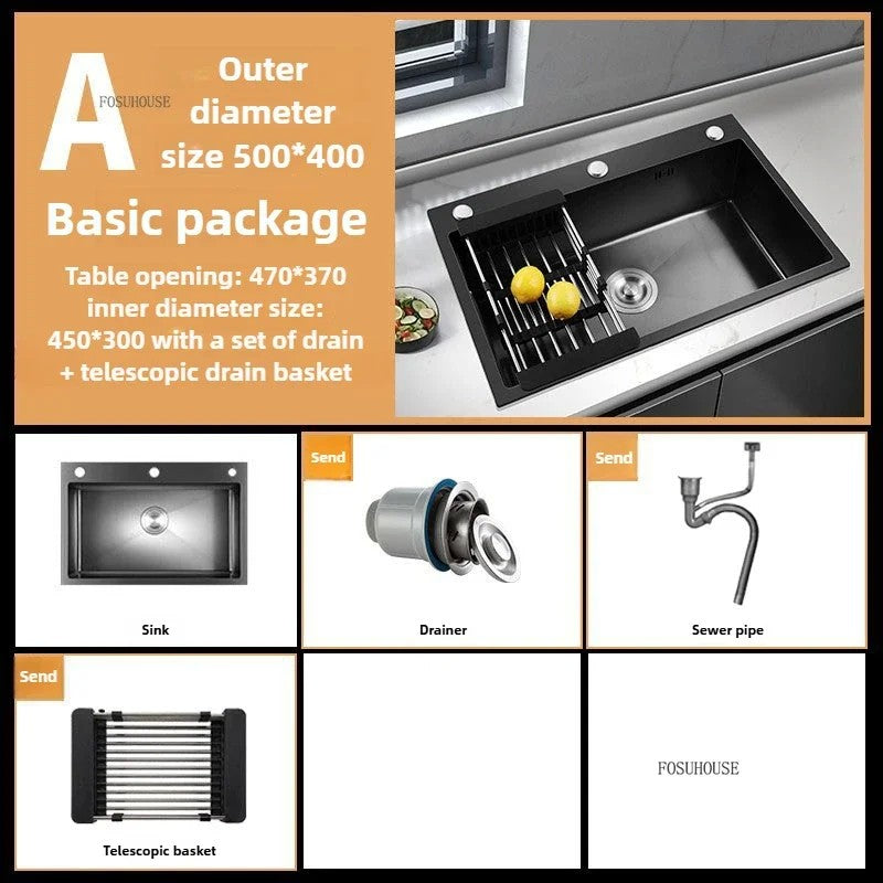 Pia de cozinha de aço inoxidável 304 espessada, grande capacidade, tigela úni