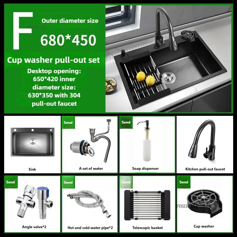 Pia de cozinha de aço inoxidável 304 espessada, grande capacidade, tigela úni