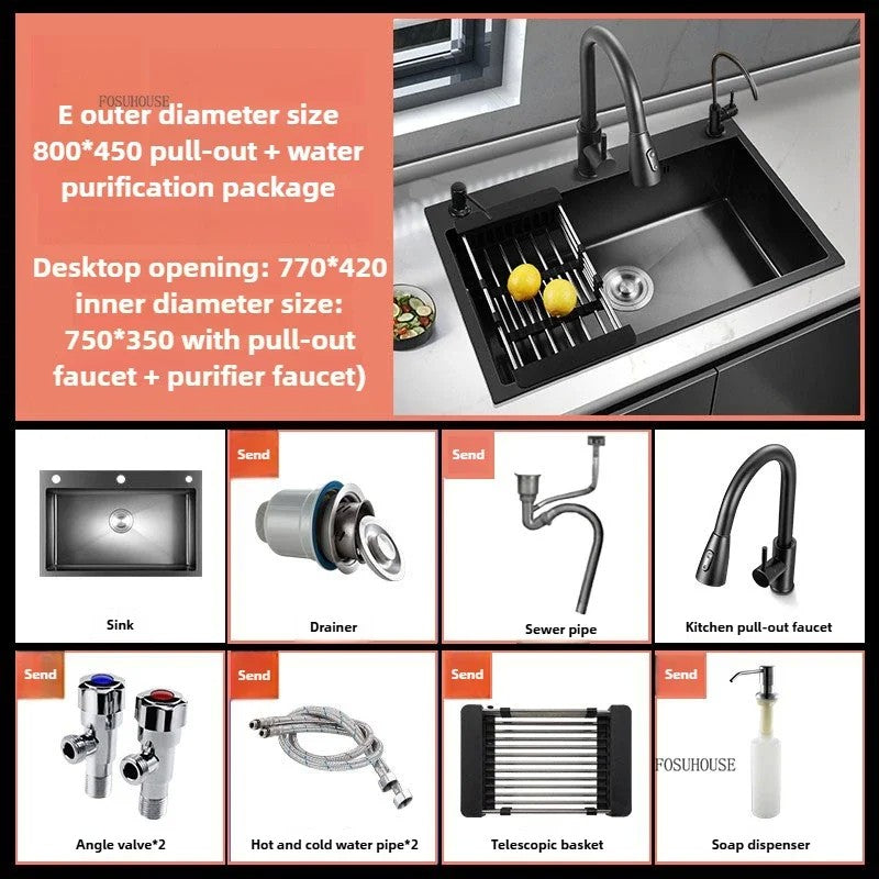 Pia de cozinha de aço inoxidável 304 espessada, grande capacidade, tigela úni