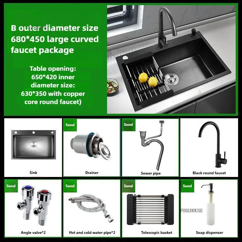 Pia de cozinha de aço inoxidável 304 espessada, grande capacidade, tigela úni