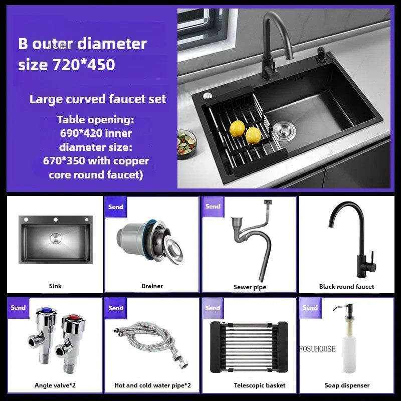 Pia de cozinha de aço inoxidável 304 espessada, grande capacidade, tigela úni