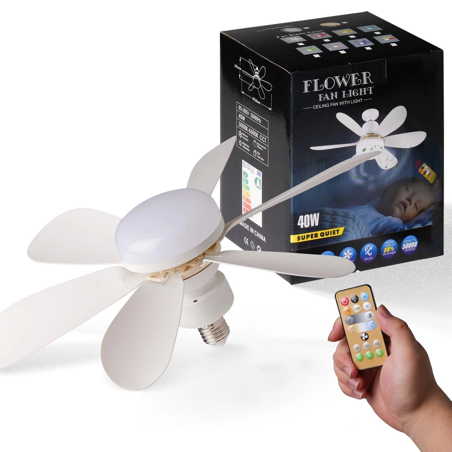 Ventilador de teto LED 40W E27 com controle remoto para escurecimento, adequado
