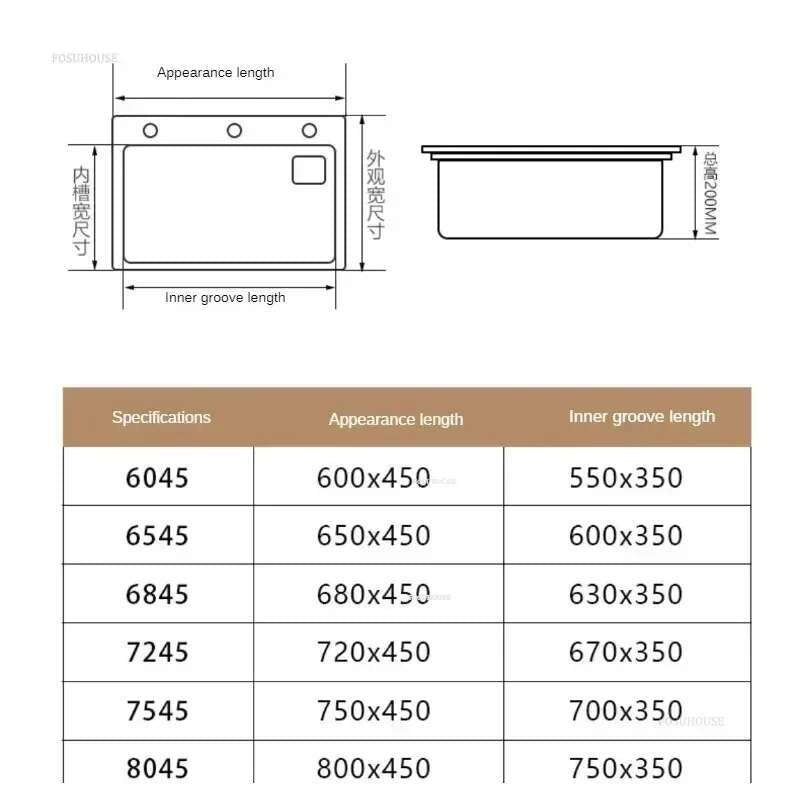 Pia de cozinha grande de aço inoxidável, armário integrado, pia de lavagem de