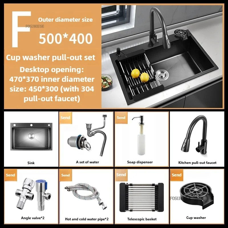 Pia de cozinha de aço inoxidável 304 espessada, grande capacidade, tigela úni