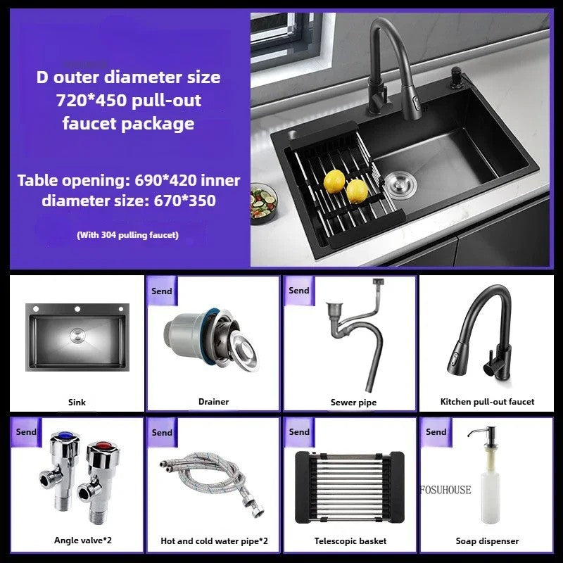 Pia de cozinha de aço inoxidável 304 espessada, grande capacidade, tigela úni