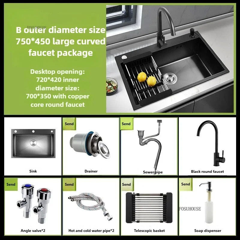 Pia de cozinha de aço inoxidável 304 espessada, grande capacidade, tigela úni