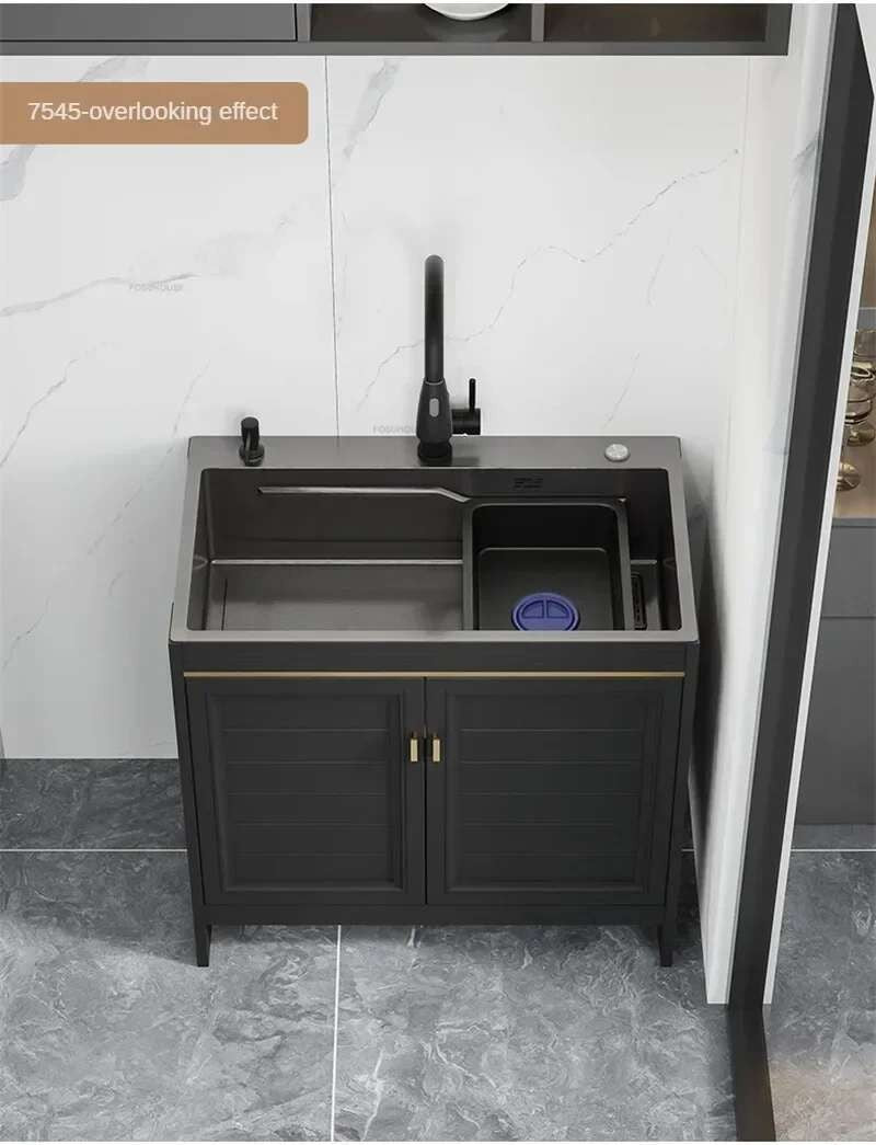 Pia de cozinha grande de aço inoxidável, armário integrado, pia de lavagem de