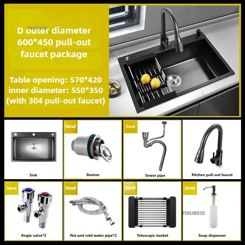 Pia de cozinha de aço inoxidável 304 espessada, grande capacidade, tigela úni