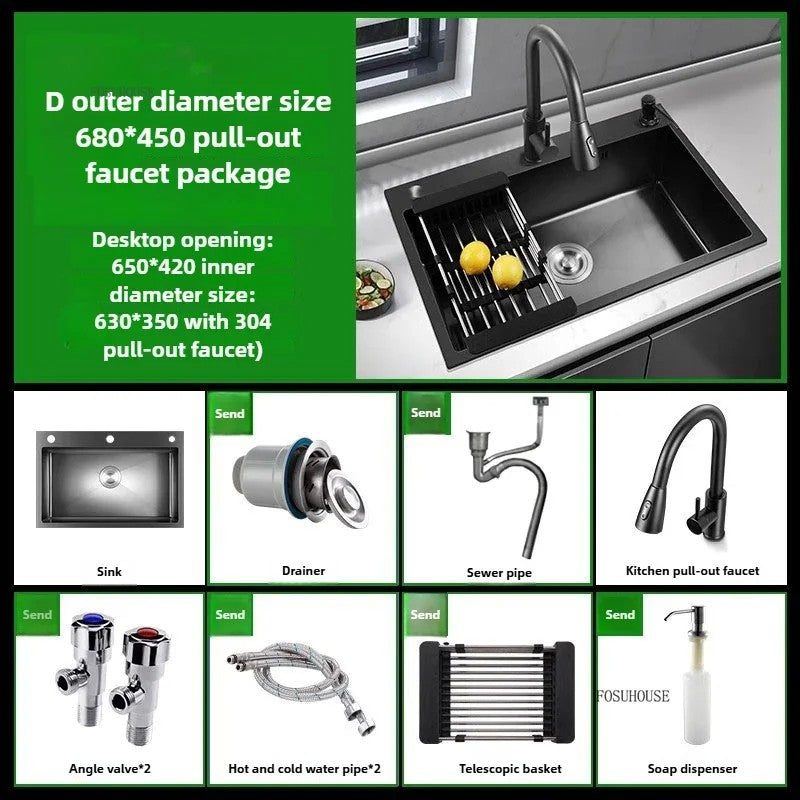 Pia de cozinha de aço inoxidável 304 espessada, grande capacidade, tigela úni