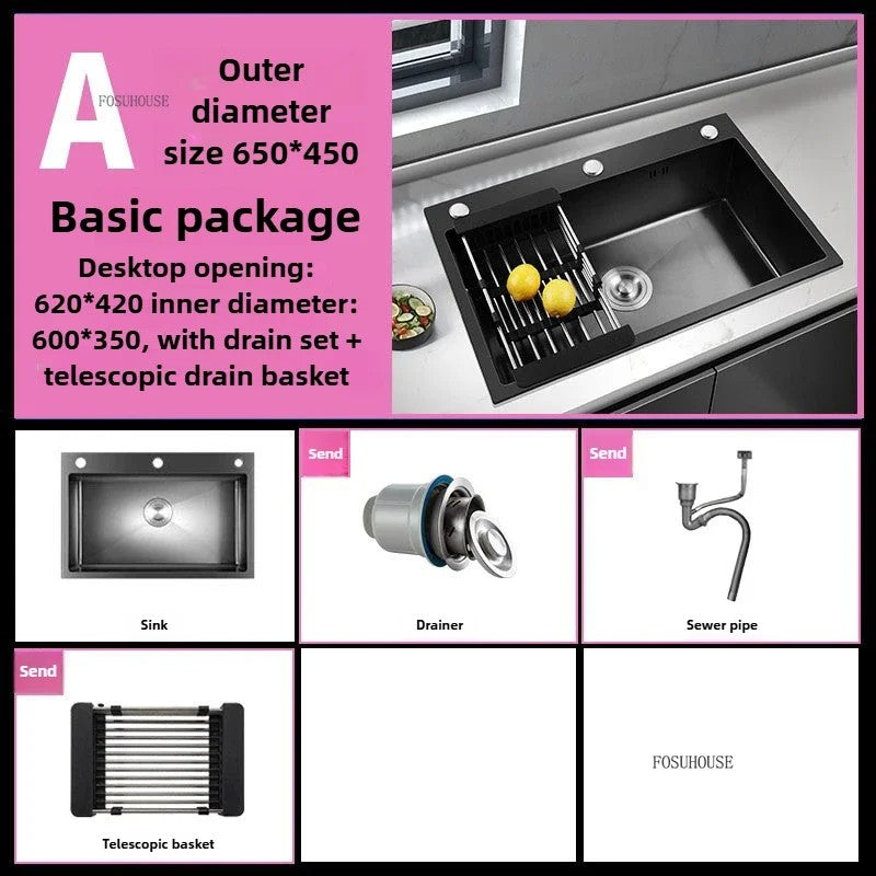 Pia de cozinha de aço inoxidável 304 espessada, grande capacidade, tigela úni