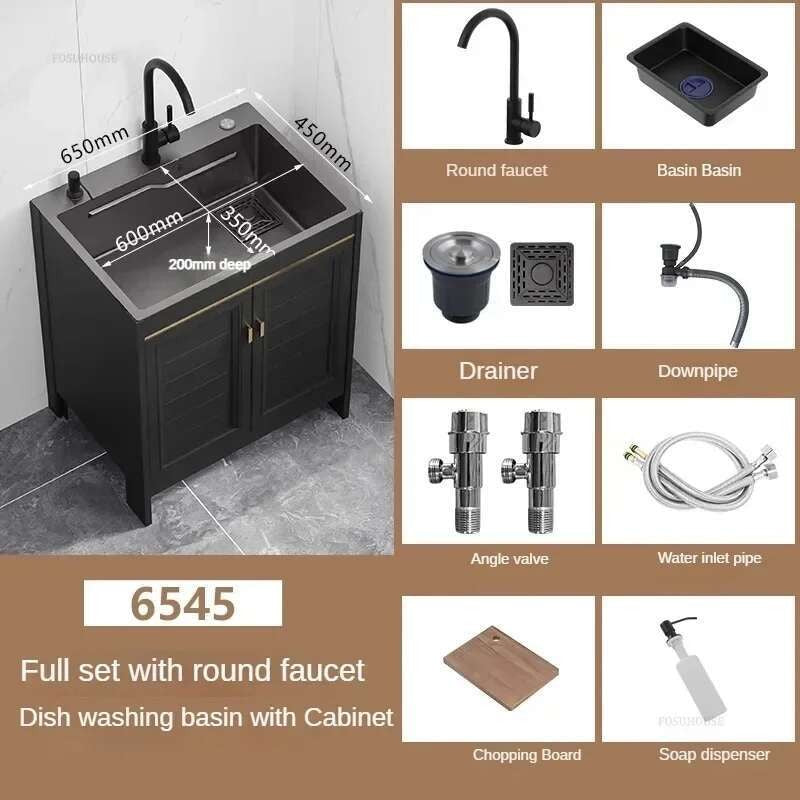 Pia de cozinha grande de aço inoxidável, armário integrado, pia de lavagem de